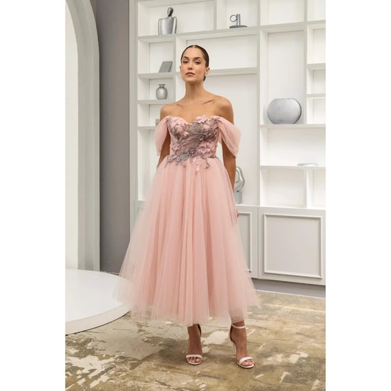 knee length dresses for ladies The Blush Dress – Luxe Off-Shoulder Pink Midi Dress with Feathered Sle –  New Em