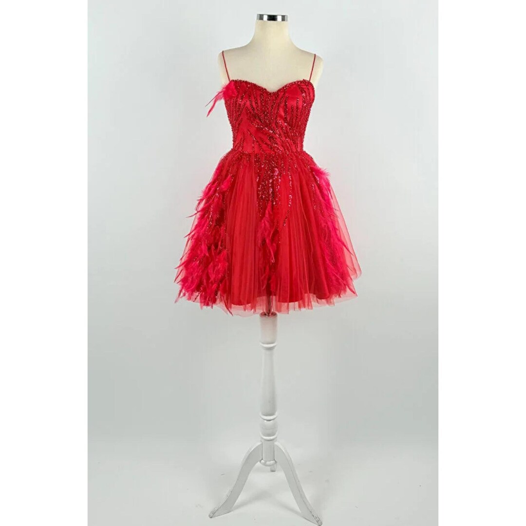 strapless side hollow feather red mini party dress Red Feather Mini Dress