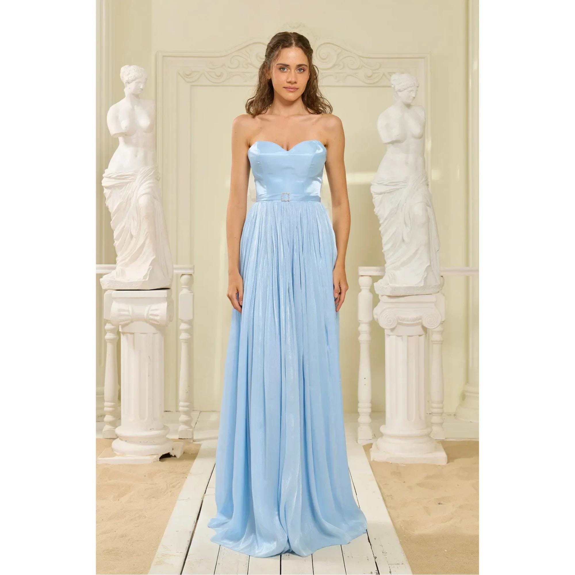 Ice Blue Chiffon Strapless Maxi Dress: A-Line Prom Gown