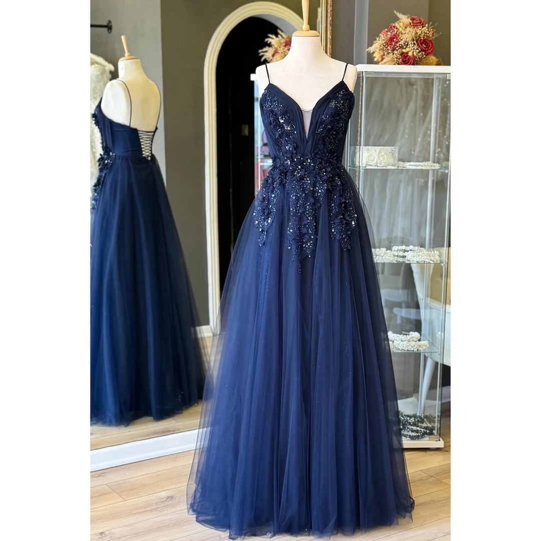 Elegant Navy Blue Prom Dresses 3D Floral Tulle Prom Dress: Glitter Lace  V-Neck Maxi Gown