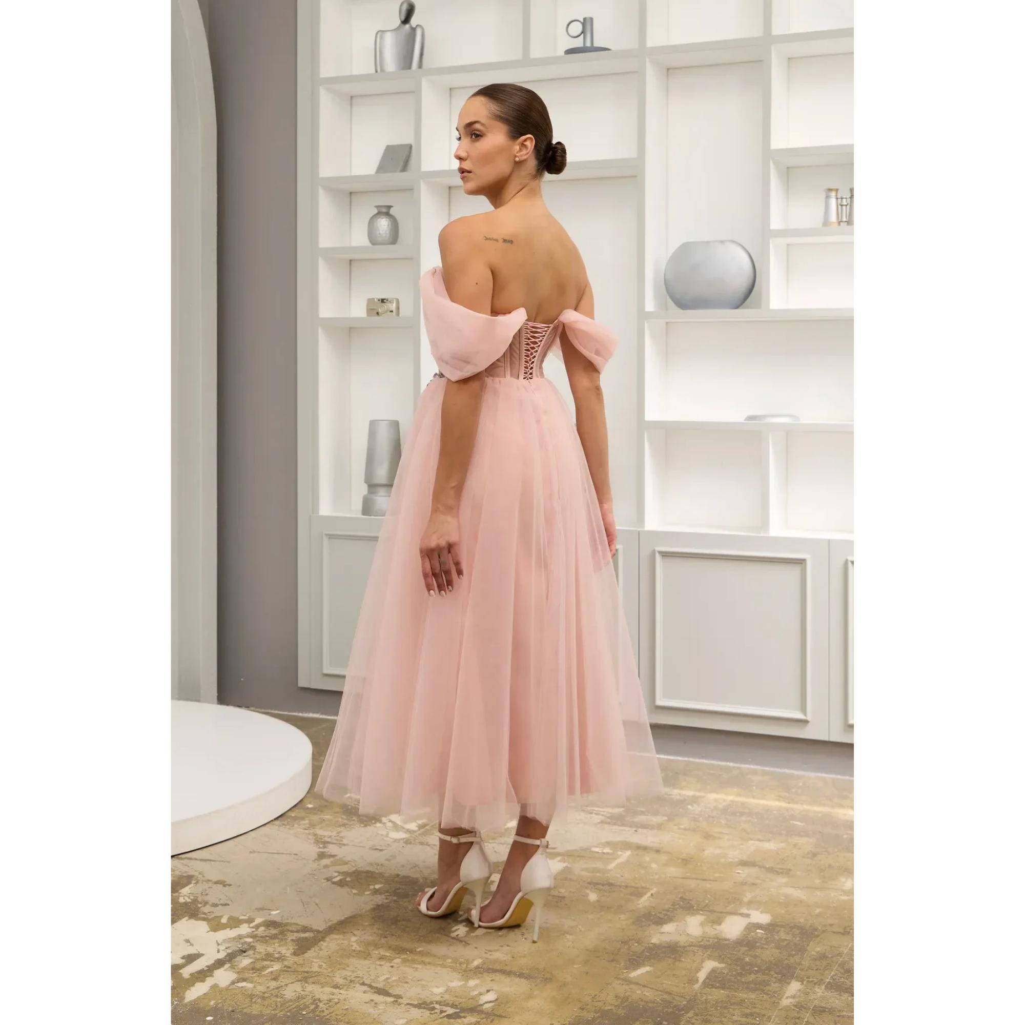 ミストレアス　Off Shoulder Tulle Dress ピンク Blush Pink Tulle Midi Dress: 3D Lace Off-shoulder Formal Gown - Etsy