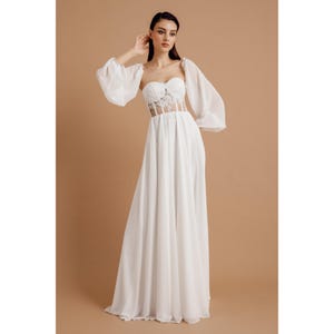 White Chiffon Wedding Dress: Lace Corset, Removable Sleeves