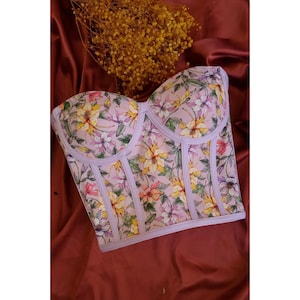 Lilac Floral Corset Bustier Top: Strapless Crop Silhouette