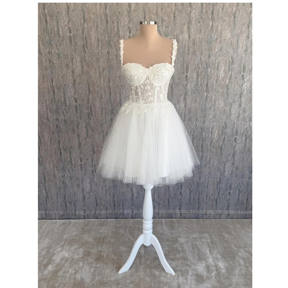 White Sequin Mini Wedding Dress: 3D Floral Lace Corset, Glitter Tulle