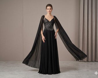 Vestido de noche negro con mangas tipo capa, detalle de corsé bordado a mano, lujoso vestido de fiesta con cuentas, vestido largo de gasa para invitada de boda.