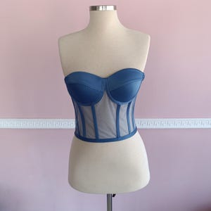 Indigo Mesh Bustier Corset Top – Strapless Boned Bridal Lingerie – Sheer Satin Corset for Festival or Wedding Outfit, honeymoon lingerie