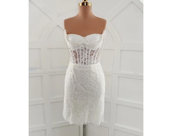 Handmade White Lace Mini Dress: Pearl Straps Bridal Reception