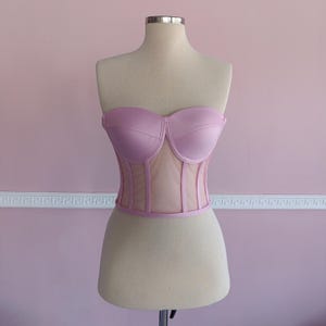 Pink Satin Corset Top – Sheer Strapless Bustier with Boning | Adjustable Lace Up Crop Top | Elegant Bridal Party Lingerie
