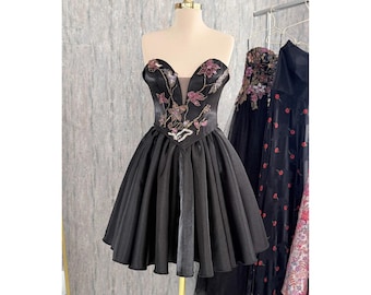 Black Satin Corset Top and Skirt Set: Embroidered Strapless Mini Dress