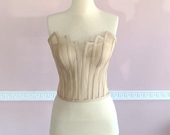 Corsetto bustier in tulle beige: top corto in raso senza spalline