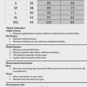 Puede incluir: Tabla de tallas con medidas en cm para busto y cintura, de XXS a XXL. Incluye instrucciones y consejos para tomar medidas corporales precisas. Tabla con tallas TR/EU.