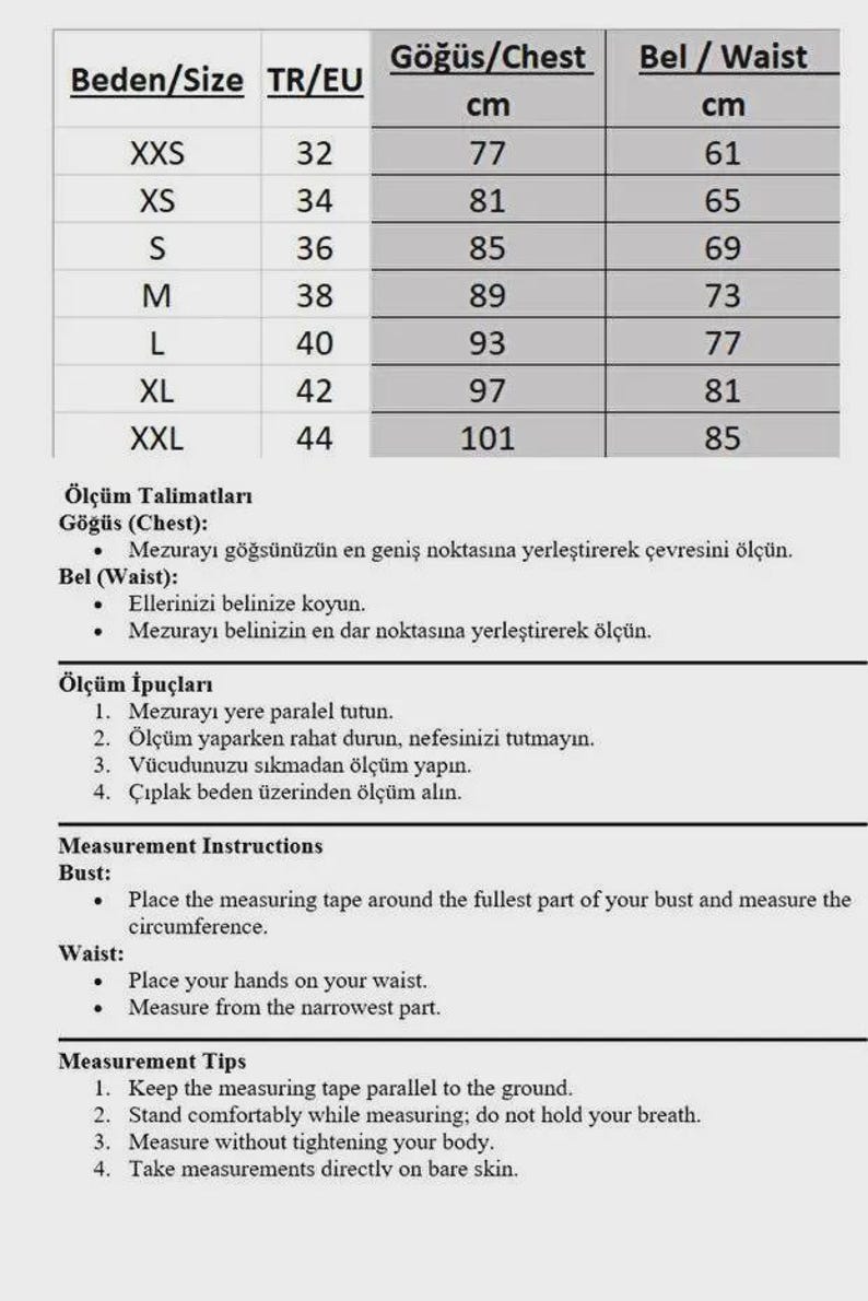 Puede incluir: Tabla de tallas con medidas en cm para busto y cintura, de XXS a XXL. Incluye instrucciones y consejos para tomar medidas corporales precisas. Tabla con tallas TR/EU.