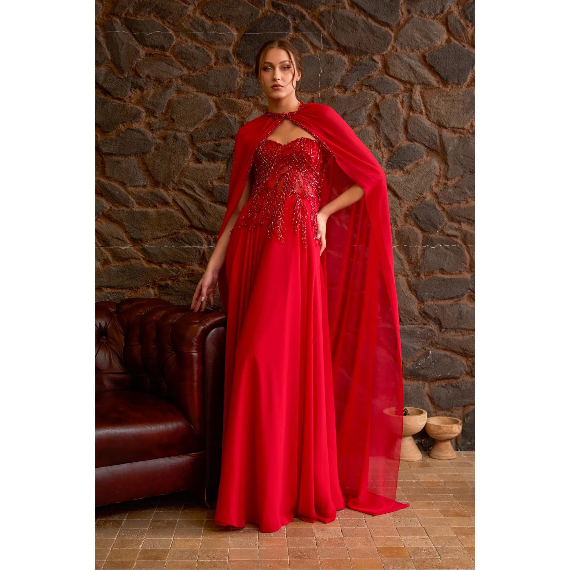 Red Chiffon Strapless Evening Gown: Beaded Lace Cape