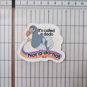 Pode incluir: Um adesivo branco com uma ilustração de desenho animado de um dodo com um arco-íris atrás. O texto no adesivo diz "It's called a dodo Not a do-not".