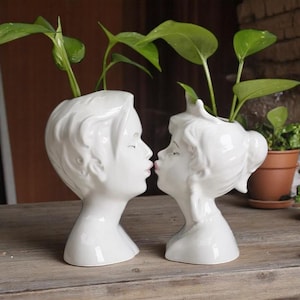 Ceramic Human Face Vase for Dried Flowers | Modern Lovers Kiss Planter | Sustainable Home Decor | White Black Statue Table Accent