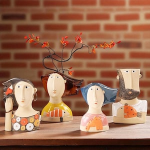 Ceramic Face Vase Abstract People Statue| Modern Nordic Boho Decor| Man Woman Figure Vase| Unique Home Accessories| Gift for Her