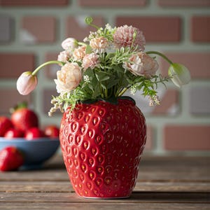 May include: A bright red ceramic vase shaped like a strawberry, holding a collection of pink and white flowers. The vase has a textured surface with small indentations. The background features a brick wall and a wooden surface.
