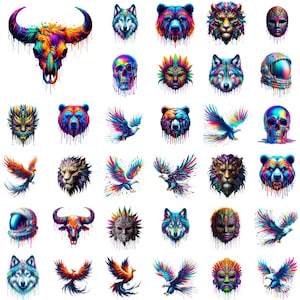 May include: A collection of 36 colourful digital illustrations featuring various animals, mythical creatures, and abstract designs. The illustrations are rendered in a vibrant, psychedelic style with dripping paint effects.