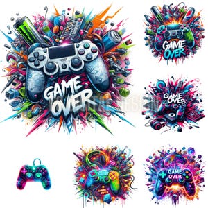 May include: A colourful illustration of a video game controller with a 'Game Over' text overlay. The controller is surrounded by various gaming accessories, including headphones, a joystick, and a can of energy drink. The background is a vibrant explosion of colours.