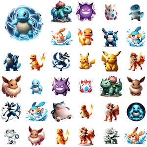 May include: A collection of 36 colorful cartoon images of Pokemon characters. The characters are depicted in various poses and expressions, including smiling, frowning, and surprised. The images are set against a white background.