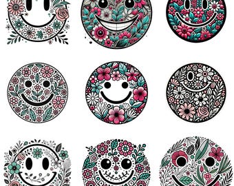 PNG-bundel met bloemen smiley: vintage shirtontwerp (digitale download)