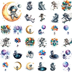 Astronaut bundle, Space Watercolor Clip Art, Cute Astronaut and Moon Png, Balloon Space Illustrations, Art Prints, Birthday Party Graphics