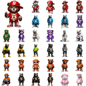May include: A collection of 36 illustrated cartoon bears wearing various outfits and accessories. The bears are all wearing hats, sunglasses, and jewelry. Some of the bears are holding money, while others are holding guns. The bears are all standing on a white background.