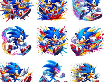 Cartoon Sonic PNG Bundle: Watercolor Splatter Art (Digital Download)