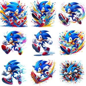 漫画ソニックPNGバンドル、水彩画とスプラッタースタイル、Tシャツ、ポスター、マグカップ、ソニック・ザ・ヘッジホッグ、ソニッククリップアート、ファスターブルーキャラクター