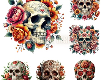 Blommig skalle PNG-paket: Akvarell skalle-clipart (digital nedladdning)