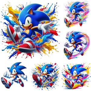Lot de dessins animés Sonic PNG, styles aquarelle et éclaboussures, T-shirts, affiches, tasses, Sonic The Hedgehog, Clipart Sonic, personnage bleu Faster