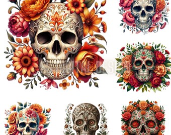 Blommig skalle PNG-paket: Akvarell skalle-clipart (digital nedladdning)