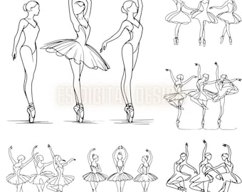 May include: A black and white line drawing of ballerinas in various poses. Some are wearing tutus and some are not. The ballerinas are all in different positions, some are standing, some are jumping, and some are in mid-air.