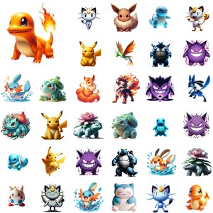 Pode incluir: Uma coleção de 36 ilustrações de desenhos animados coloridos de personagens Pokemon, incluindo Pikachu, Charmander, Bulbasaur, Squirtle e muitos outros.