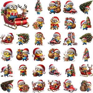 Puede incluir: Una colección de 30 pegatinas con temática navideña que presentan a los Minions con gorros de Papá Noel y sosteniendo varios artículos navideños, como regalos, bastones de caramelo y árboles de Navidad.