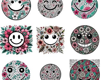 PNG-bundel met bloemen smiley: vintage shirtontwerp (digitale download)