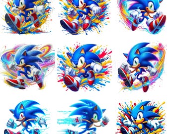 Cartoon Sonic Png Bundle, Watercolor and Splatter Styles, T-Shirts, Posters, Mugs, Sonic The Hedgehog, Sonic Clipart, Faster Blue Character