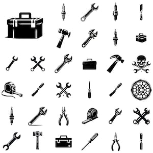 May include: A set of 28 black and white icons depicting various tools and equipment commonly used in automotive repair and maintenance. The icons include wrenches, screwdrivers, hammers, pliers, a toolbox, a tape measure, spark plugs, a skull and crossbones, and a gear.