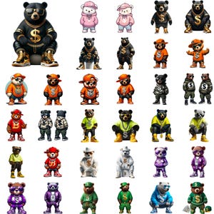 May include: A collection of 36 illustrated cartoon bears wearing different outfits and accessories. The bears are wearing hats, sunglasses, jewelry, and clothing. Some bears are holding money, while others are holding guns. The bears are all in different poses and expressions.
