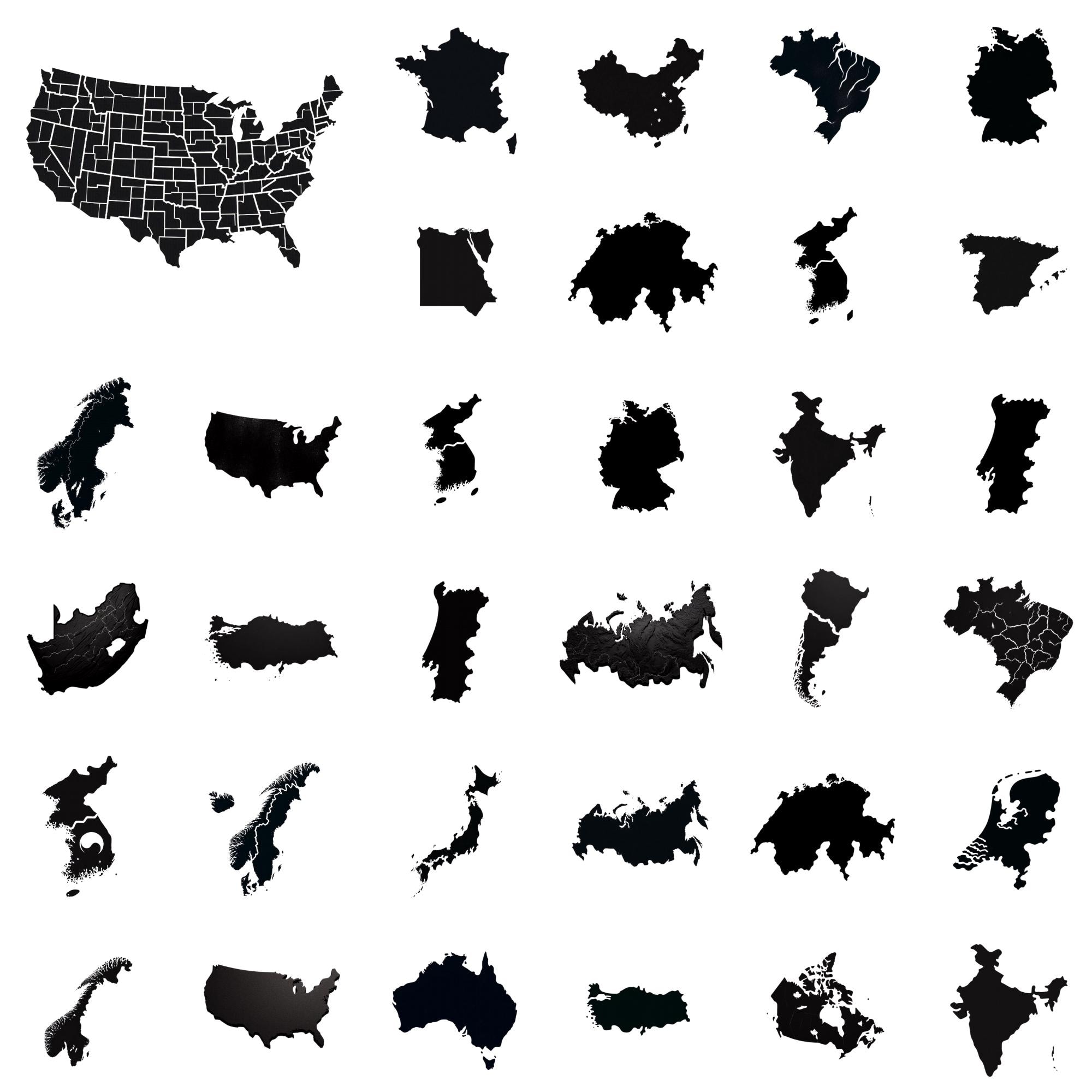 Countries Map Silhouettes Png Bundle, Country Outlines Clipart, World Countries, European, African, Asian Countries Silhouette, World, Gifts