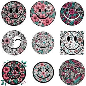 Happy Flowers Png Bundle, Vintage Sublimation Shirt Design, Smile Flowers, Happy Daisy Smile, Icon Classic Smiley, Smiling Face Clipart