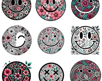 PNG-bundel met bloemen smiley: vintage shirtontwerp (digitale download)