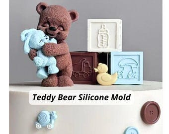 Stampo in silicone 3D a forma di orsacchiotto con coniglietto per baby shower, primo secondo compleanno, topper per torta, sapone, candela, cioccolato fondente, stampo in silicone