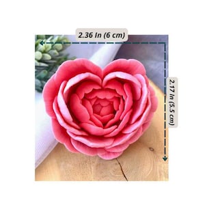 Puede incluir: Una flor rosa en forma de corazón con pétalos detallados, que mide 6 cm de ancho y 5,5 cm de alto. La flor está sobre una superficie de madera, con una tela blanca y una planta verde en el fondo.