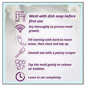 May include: A light purple infographic with instructions for a baking mold. The text includes steps like washing with dish soap, drying thoroughly, filling the mold, smoothing with a scraper, tapping to release air bubbles, and letting it set completely.
