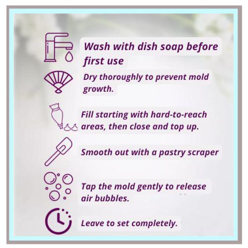 May include: A light purple infographic with instructions for a baking mold. The text includes steps like washing with dish soap, drying thoroughly, filling the mold, smoothing with a scraper, tapping to release air bubbles, and letting it set completely.
