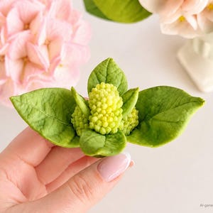 Op de afbeelding: Een decoratief ornament in de vorm van een Romanesco-broccoliroosje met een getextureerd, lichtgroen, fractaalachtig oppervlak, omringd door verschillende gladde, donkergroene bladeren. Het object heeft een centrale kegelvormige tros met kleinere knoppen.