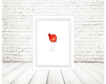 Art - Watercolor Red Bird Smudgi Animal Whimsical Minimalist - Digital Download