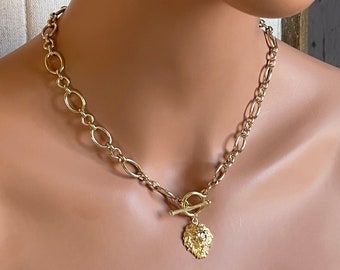 Gold Chain Necklace, Lion Necklace, Lion Head Necklace, Chunky Chain Necklace, Toggle Necklace, Statement Necklace