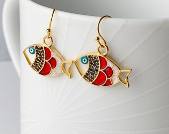 Gift Set, Red Fish Necklace and Earrings, Enameled Fish Earrings, Fish Necklace, Pave Earrings, Beach Earrings, Gift For Her, Gift For Mom